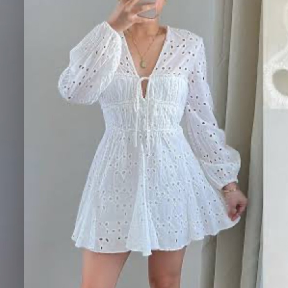 zara long sleeve eyelet mini dress in white - Picture 5 of 6